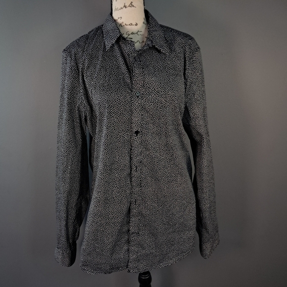 H&M Mens Slim Fit Stretch Button Up Shirt Black White Polka Bot Size Medium - Picture 1 of 9